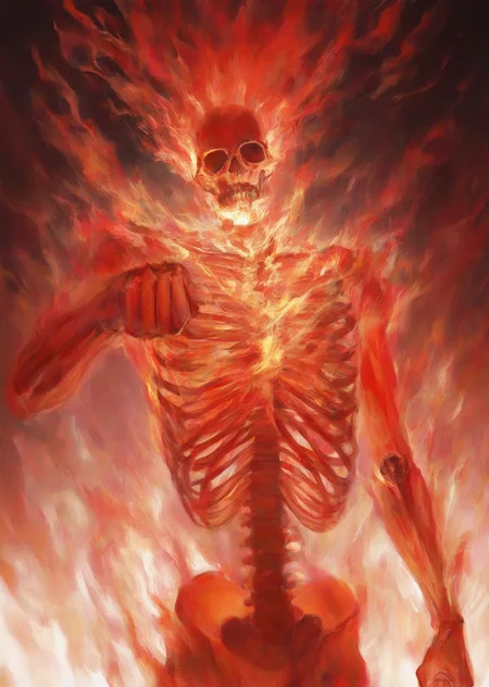 masterpiece, best quality, extreme aesthetic, 1boy, on fire, hand up, reaching, clenched hand, skeleton, muscle tissue, red theme, intense, fierce, pain, burning, eternal agony, ethereal, vibrant, abstract, quasarcake, <lora:enormous_fire:0.79>