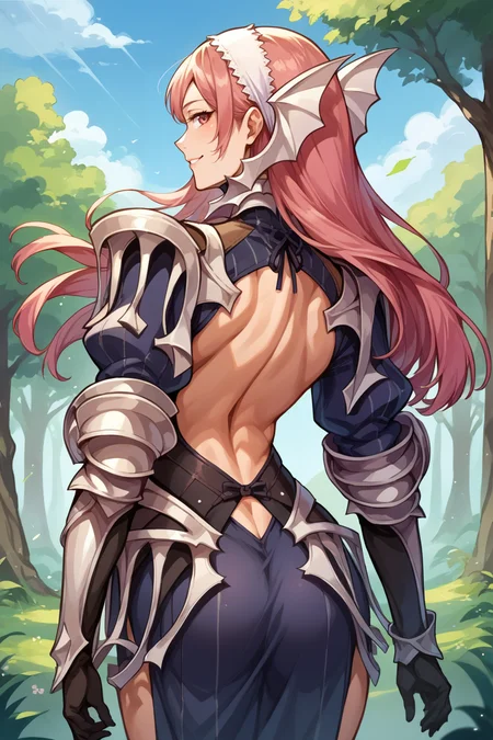 score_9, score_8_up, score_7_up, score_6_up, source_anime BREAK 1girl, solo, <lora:fecherche-pdxl-nvwls-v1-000005:1> defcherche, pink hair, white hairband, headgear, armor, armored dress, gauntlets, black gloves, armored boots, from behind, backless outfit, blue sky, trees, forest, looking back, looking at you, smile