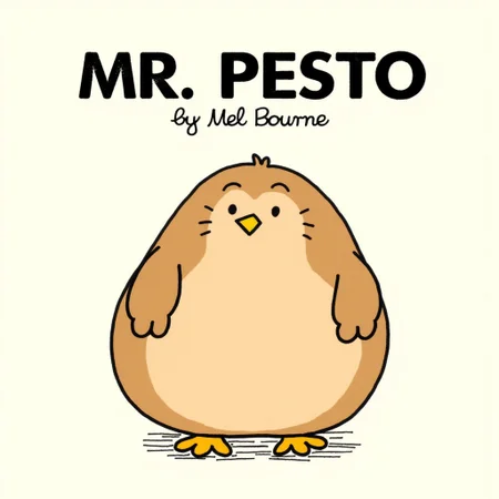 The image is a high resolution digital drawing in a cartoon style, resembling the aesthetic of a youth-targeted book cover. It features a stylized, anthropomorphic character named "Mr. Pesto" created by Mel Bourne. The character is an anthropomorphic baby penguin that is entirely brown and fuzzy with tiny eyes and pointy beak, and is extremely fat and large. Above Mr. Pesto, the title "MR. PESTO" is written in bold, black, uppercase letters. Below the title, "by Mel Bourne" is written in a casual, handwritten-style font, also in black.