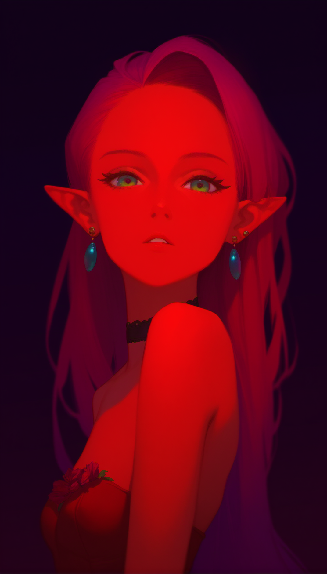 score_9, score_8_up, score_7_up, score_6_up,
dungeon, portrait, backlighting,  (close-up:1.2), sunlight, flowers, colorful,
1girl, angela, solo, long hair, pointy ears, gradient hair, earrings, purple gloves, strapless, showgirl skirt, bare shoulders, waist cape, strapless leotard, choker, looking at viewer, parted lips, red leotard,
in an open field,
from above, upper body,
<lora:seiken-densetsu-mana-pony:0.8>