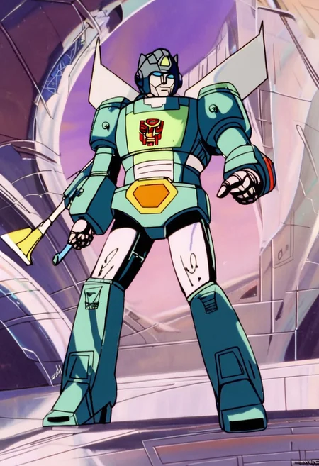 concept art score_9, score_8_up, score_7_up, animation, transformers, 1boy, robot, Autobot, Tall, bulky, glowing eyes, Blue eyes, large eyes, circular eyes, Light green armor, triple changer, Tiltrotors, wings, transforms into Futuristic Stealth attack helicopter, and Futuristic stealth fighter jet, full body, cowboy shot, smiling, axe, Autobot Symbol (Red), full body, <lora:Transformers 86 FT:1> . digital artwork, illustrative, painterly, matte painting, highly detailed