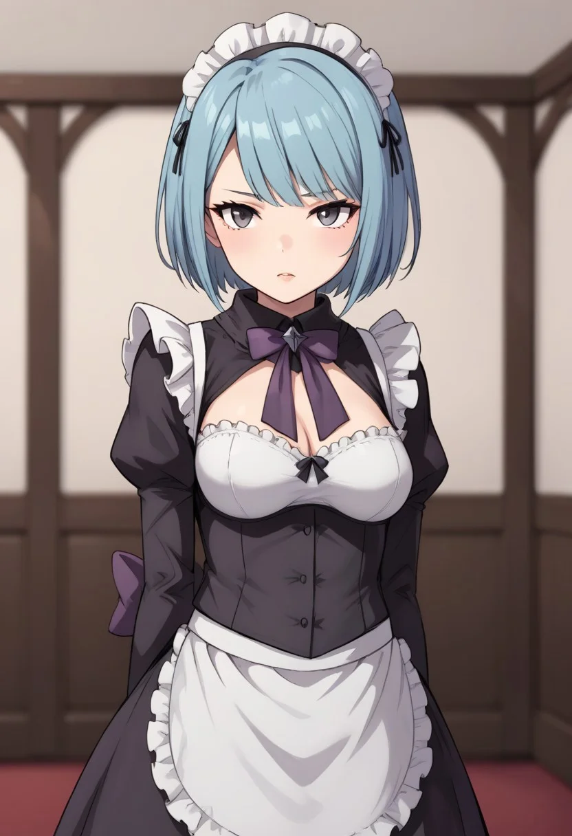 antiBlurV2, high quality, solo, Beruka, gray eyes, purple scarf, maid outfit,