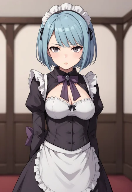 antiBlurV2, high quality, solo, Beruka, gray eyes, purple scarf, maid outfit,