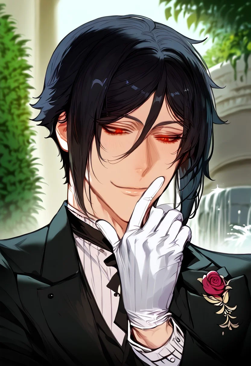 anime artwork, score_9, score_8_up, score_7_up, score_6_up, score_5_up, 1boy, red eyes, garden, fountain, sunny, bliss, fully black hair, black butler outfit, handsome, white gloves, detailed clothing, masterpiece, straight hair, suit,  simple cotton gloves, solo, closer to the face,
 <lora:Floox_Style:1>, , detailed eyes, close up, crimson eyes, scarlet eyes, camera from below, looking down, Sebastian black butler, black butler, Sebastian michaelis, Kurishitsuji, smile, pale skin, handsome man, bowing, kissing Pov hand, pov female hand, bigger eyes