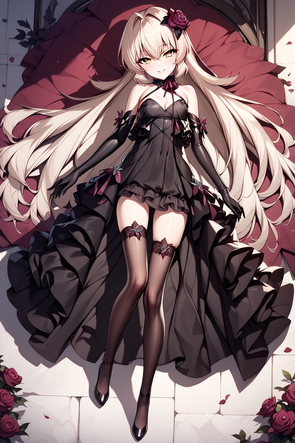 eve meitner, 1girl, dress, solo, long hair, gloves, elbow gloves, thighhighs, black dress, hair ornament, flower, black gloves, yellow eyes, full body, seductive smile, <lora:XL-EveMeitnerv1.5:1>, (masterpiece),(best quality),(ultra-detailed),(best illustration),(best shadow),(absurdres),(detailed background),(very aesthetic),