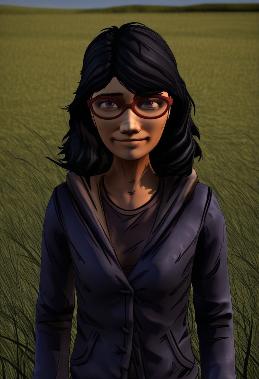 Half body, 3D, Sarah, 1girl, alone, long black hair, red glasses, hooded jacket, partially unbuttoned, 
Sarah smiling as her hair moves in the wind. A field in the background.