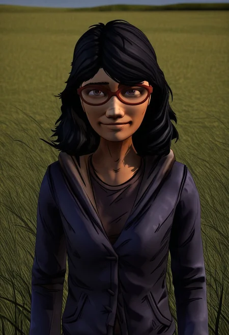 Half body, 3D, Sarah, 1girl, alone, long black hair, red glasses, hooded jacket, partially unbuttoned, 
Sarah smiling as her hair moves in the wind. A field in the background.