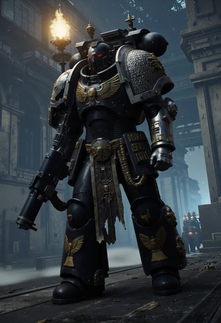 (Masterpiece, ultra-realistic, 32k, best quality, hyper-detailed, cinematic lighting, intricate textures, photorealistic, dramatic composition, immersive depth.)
Golden runes and cybernectic line decorate, Grimmdark, darktale, machanical, Elden rings. Empty space, Interstellar cosmic background.
In foreground, A brutalist Astartes, strides across a post-apocalyptic ruin Temple, fighting stance. Its massive armored frame, adorned with gilded plating, pulses with glowing cybernetic runes, blending divine authority with cold mechanical precision. Black mix Golden.
armed with bolter gun.
On the space deck. In mid ground-MG, giant Gothic-mechanical Cathedral nearby.
A dynamic wide-angle shot, with lowkey lighting, deep atmospheric contrast, and high cinematic tension, captures the monumental scale of this gothic-cybernetic war titan.