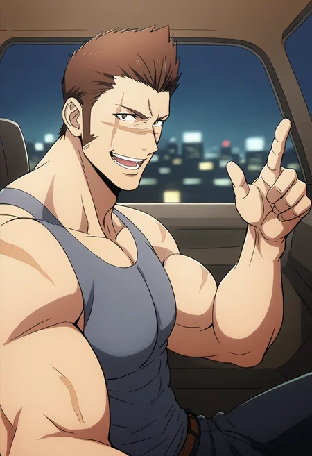 1boys, tanakakenzo_sololeveling, short hair, brown hair, (brown eyes),sharp hair,(sideburns) , scar on face, gray tanktop, pants, Middle Ages, score_7_up, score_6_up, score_8_up, score_9_up, manly, muscular, (stocky body), (big muscle), big arms, abs, looking at viewer, ((detailed eyes)), night, city view, face_focus, first-person perspective, pov, 8k uhd, high quality, (veiny arms),  a muscular men sitting in a car,  big pectorals,  ((side view)), talking, smile, open mouth, open hand