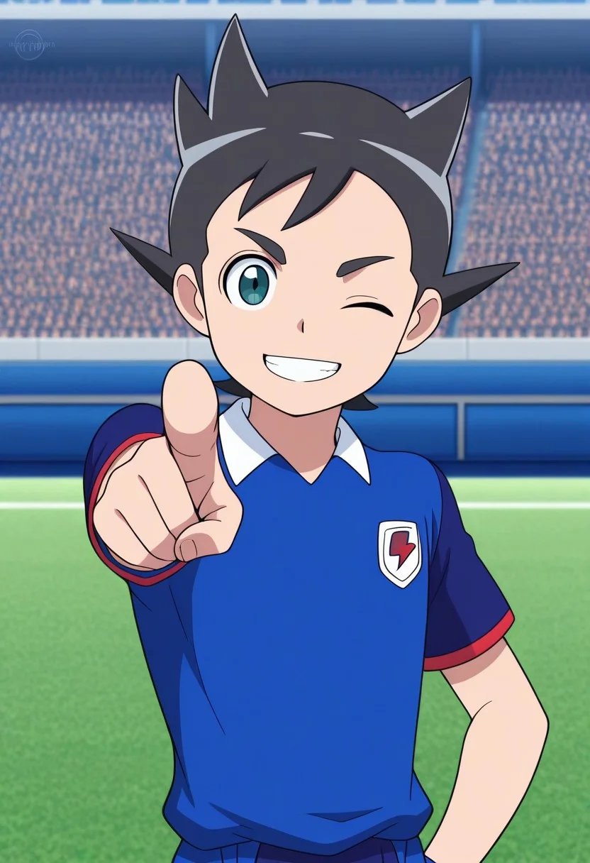 masterpiece,best quality,amazing quality, source_anime,
InamoriAsuto, 1boy, male focus, solo, green eyes, black hair, spiked hair, orion soccer uniform, shirt, blue shirt, raglan sleeves, short sleeves, smile, one eye closed, grin, outdoor, pointing, at viewer,