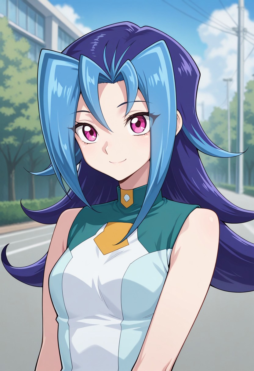 masterpiece,best quality,amazing quality, source_anime,
rioKamishi, 1girl, solo, pink eyes, multicolored hair, purple hair, blue hair, long hair, school uniform, shirt, multicolored shirt, sleeveless, smile,
outdoor,