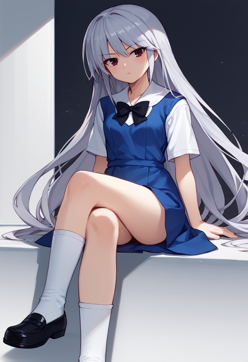 score_9,  score_7_up,   1girl, Kazuki, silver hair, long hair, red eyes, white shirt, blue dress, black bow, white socks, sitting, crossed legs, looking at viewer,    <lora:Kazuki Lora-000008:1>