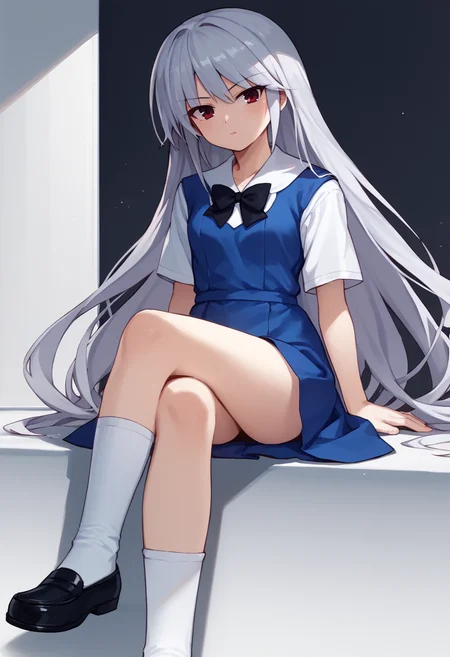 score_9,  score_7_up,   1girl, Kazuki, silver hair, long hair, red eyes, white shirt, blue dress, black bow, white socks, sitting, crossed legs, looking at viewer,    <lora:Kazuki Lora-000008:1>