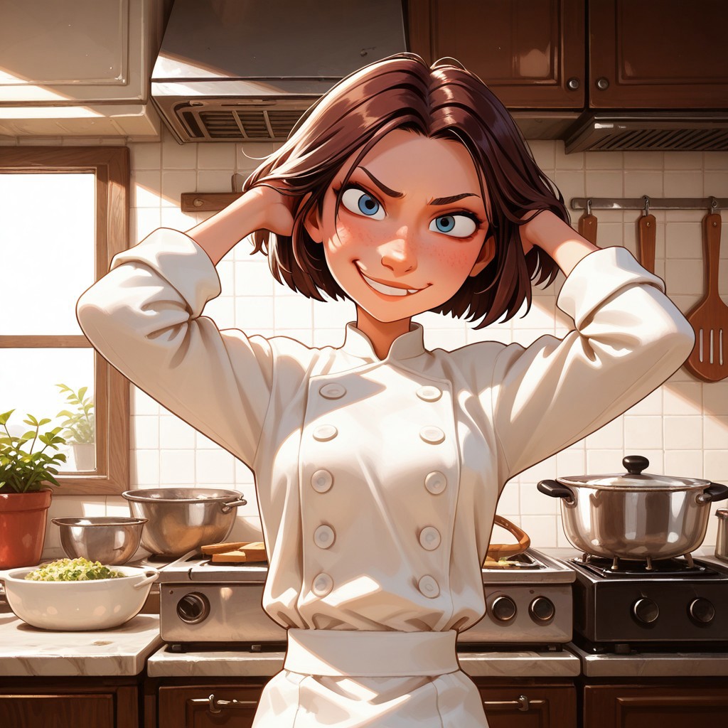 masterpiece, best quality, screenshot, pixar, break, colette_t, 1girl, short hair, brown hair, blue eyes, chef attire, hands in hair, kitchen, smirk, looking at viewer