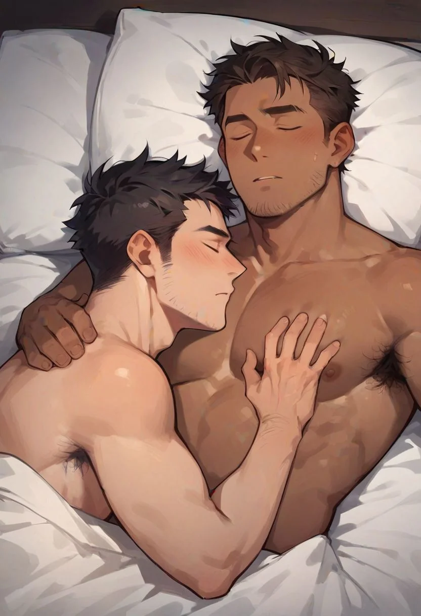 Score_9, score_8_up, score_7_up, 2boys, pale skin and dark skin, messy short hair, stubble, 25yo, lying close in bed, white sheets, hairy armpits, body hair, sleeping, head resting on shoulder of partner, in love, SFW