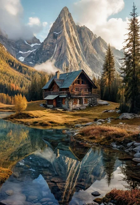 their peaks veiled in mist. mixed media, surrealism, great lighting, A surreal landscape highly detailed . extremely high-resolution details, appears trapped in an optical illusion of reflections and refractions colorful , mountain cabin, professional photography, natural lighting, volumetric lighting maximalist. intricately detailed, complex, elegant, expansive, fantastical, film photography style, medium grain
