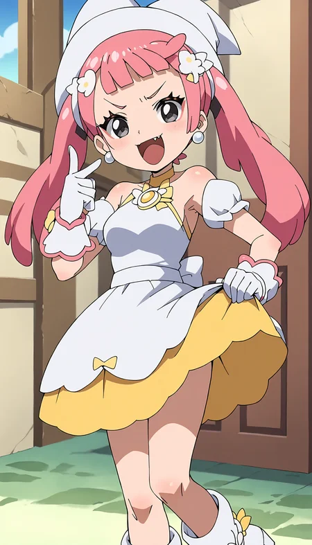 anime artwork of score 9,score_8_up,score_7_up,source_anime,masterpiece,best quality,
BREAK
(sango:1.8),1girl,(short twintails:1.2),pink hair,multicolored hair,medium hair,v-shaped eyebrows,sidelocks,skin fang,grey eyes,medium breasts,shiny skin,solo,
BREAK
(hanawitch:1.5),magical girl,(yellow frills:1.5),jewelry,(white boots:1.2),earrings,(white skirt:1.1),(white witch hat:1.1),(white dress:1.1),white footwear,(wing ornament:1.5),(ribbon ornament:1.5),hairclip,white gloves,puffy sleeves,
BREAK
<lora:hana_makihatayama_xl_for_pony_xl_v01:0.7>,<lora:sango.pony:1>,
