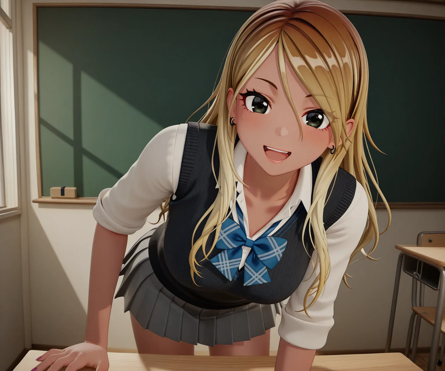 masterpiece, best quality, amazing quality, , 1girl, solo, looking at viewer, classroom, <lora:New Kizuna AI ILL-v2:1> newkizunaai, 3d,smile, open mouth, izumi mei, dark skin, blonde hair, multicolored hair, gradient hair, long hair, black eyes,gyaru, school uniform, black sweater vest, white shirt, collared shirt, blue bow, plaid bow, sleeves rolled up, grey skirt, pleated skirt, miniskirt