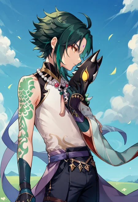 score_9, score_8_up, score_7_up, source_anime, highly detailed,
xiao, 1boy, male focus, solo, green hair, black hair, two-tone hair, ahoge, yellow eyes, facial mark, forehead mark, bangs, shirt, white shirt, sleeveless, single detached sleeve, shoulder armor, shoulder spiked, spiked, tattoo, arm tattoo, jewelry, beads, necklace, bead necklace, tassel, gloves, black gloves, pants, mask, holding mask, demon mask,
outdoor, profile, oriental, wind,