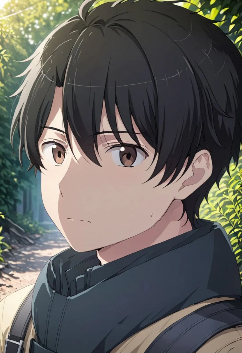 high resolution, solo, best quality, 1Boy, Inaho Kaizuka, Black hair, Brown Eyes, portraits, proud, outdoor, Half Body, Depth Of Field, OverallDetail