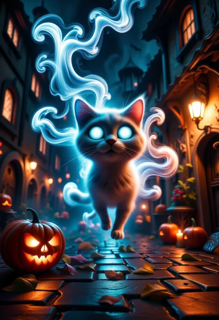bv-smowormor, cat style. "A captivating 3D panorama artwork from a medieval town square, at nighttime with heavy mist, the lamps from the buildings are illuminating their surroundings, jack-o-laterns, candles and halloween decoration visible. a cute, flying, transparent and glowing cat, which partly consists of smoke and huge glowing eyes, is flying close to the viewer to scare them."