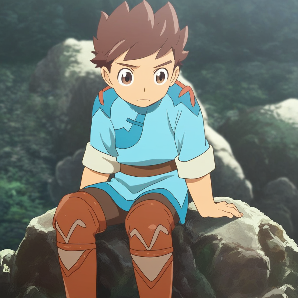 score_9, solo, lu_mhs, 1boy, brown hair, brown eyes, shirt, pants, belt, boots, sitting, rock, outdoors, natural lighting