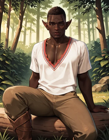masterpiece, best quality, absurdres, newest, perfect quality, best quality, absolutely eye-catching, detailed background, intricate details, realistic, male focus, <lora:Dragon Age Veilguard - Davrin - Illustrious-000009:0.7>, dav_davrin, 1boy, mature male, elf, pointy ears, very dark skin, curly hair, buzz cut, dark brown eyes, facial tattoo, white shirt, v-neck, pants, boots, contrapposto, looking at viewer, outdoors, forest, sitting on log