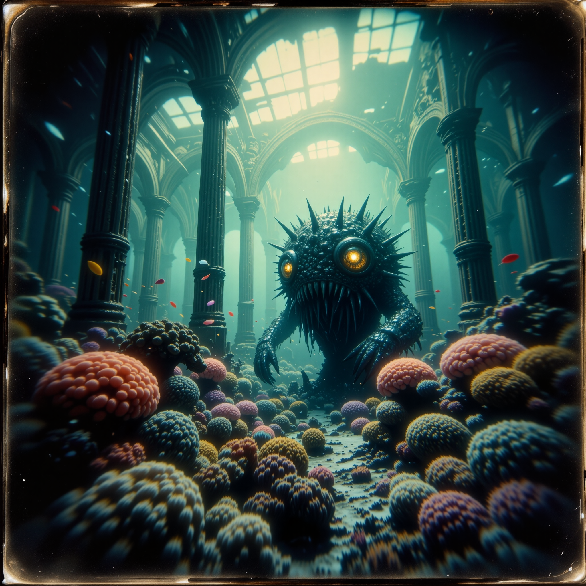 extremely detailed, golden ratio, very aesthetic, dramatic, strange and otherworldly scenery, award-winning pinhole photography, retrofuturism style, the legendary "dramatic kleptogrompf" is a gigantic mythical underwater creature, its large iridescent eyes and blibberblab glisten as it flordoodles through a recoddermented coral reef with its vibrant sea life and the submerged obviatoric ruins of planet "nicetoo vi", detailed background, aidmafluxproultra, <lora:flux_pro_ultra-extreme_detailer-v0.1-flux-by_aidma:0.6> <lora:style-eldritch_pinhole_photography-flux-by_eldritchadam:0.8>