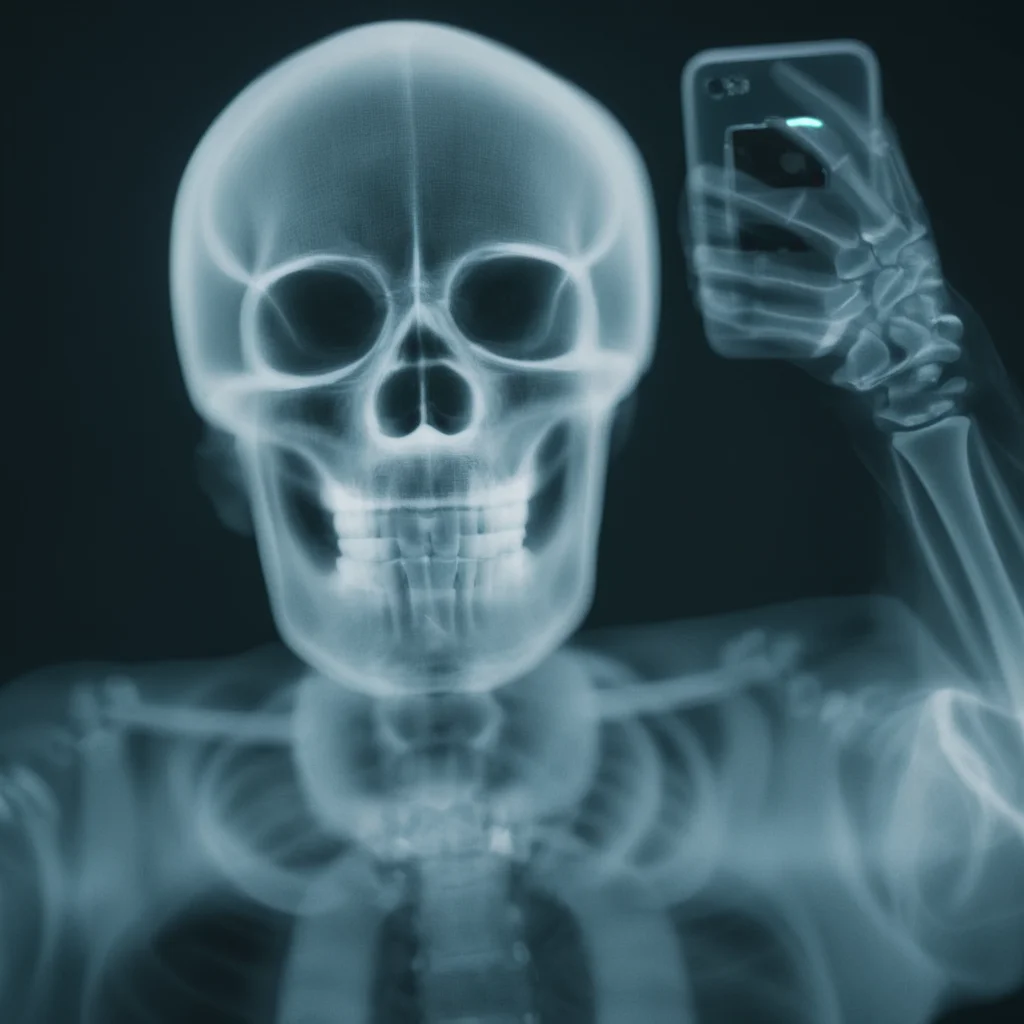 cinematic film still of <lora:x-ray style:1> X-ray of
a skeleton taking a selfie while smiling to the camera
,x-ray style, shallow depth of field, vignette, highly detailed, high budget, bokeh, cinemascope, moody, epic, gorgeous, film grain, grainy