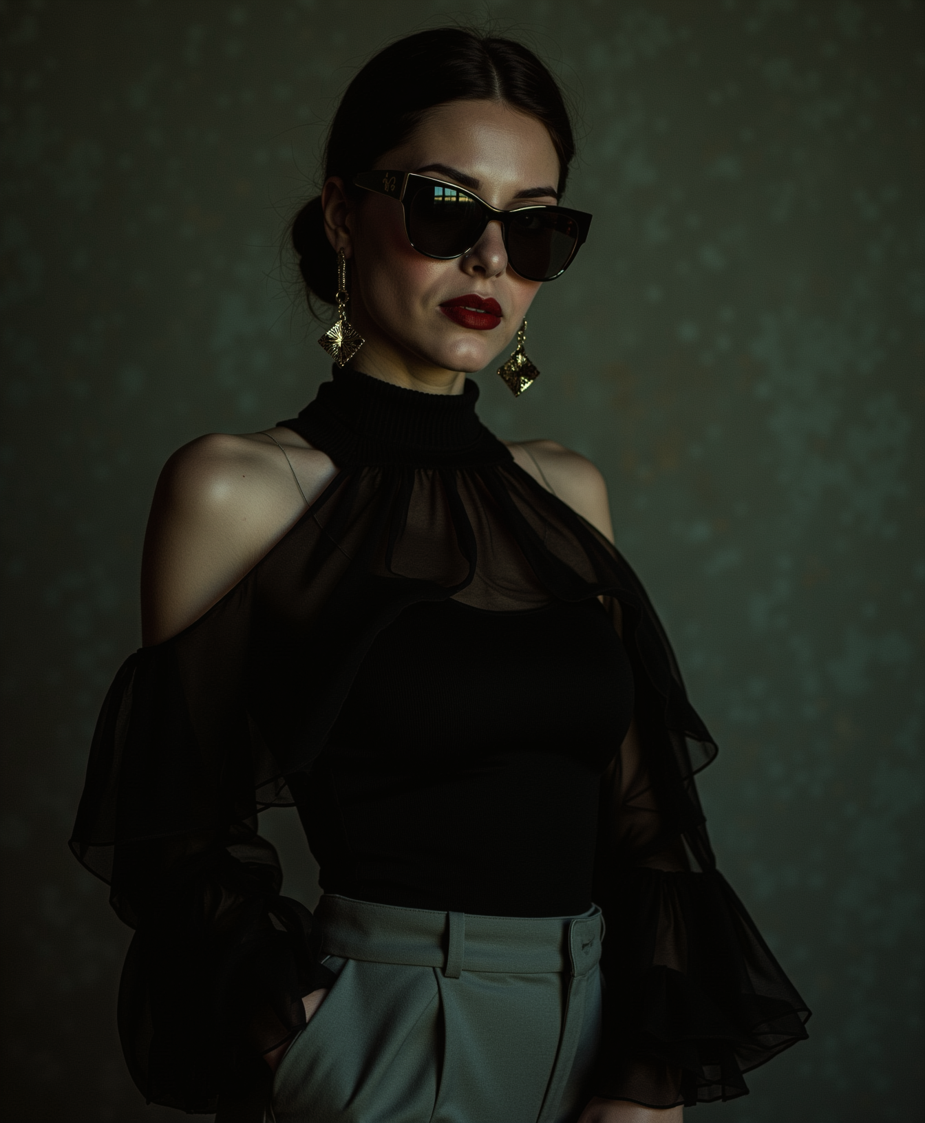 In this evocative and captivating masterpiece/ we find ourselves drawn into an intimate/ atmospheric setting that exudes cool sophistication/ subtle rebellion/ and a hint of cheeky sensuality. At the heart of it all stands a young woman with light skin and dark brown hair styled in a sleek low bun/ giving her an elegant polished appearance. The large sunglasses she wears/ with black lenses and a gold frame/ rest low on the bridge of her nose/ revealing a sharp sideways glance directed at the screen/ further emphasizing her bold and confident attitude. Her eyes are visible from the front/ adding to the dynamic nature of this portrayal - she is not merely posing for the viewer but actively engaging with something just out of sight.
The woman's poised and alluring stance takes center stage/ while a delicate balance between femininity and modern sophistication can be seen in her attire. She wears a high-neck black turtleneck top paired with tailored light grey trousers/ accessorized by long/ dangling earrings in black and gold tones that add a subtle touch of elegance to the overall look. Her upper body is the focal point here; her face slightly blurred due to depth-of-field techniques that further emphasize her sensual pose within the muted intimate setting.
Her off-the-shoulder blouse/ made from soft/ flowing fabric/ drapes elegantly over her shoulders and adds a touch of femininity to the scene while providing visual contrast with the structured trousers she wears/ creating a harmonious balance that underscores her modern