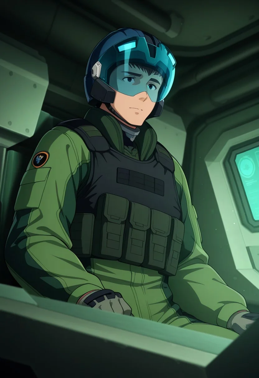 perfect anatomy, perfect proportions, best quality, masterpiece, high_resolution, high quality, best aesthetic, incredibly absurdres, highres, extremely detailed, huge filesize, solo male, adult, mature, masculine, manly, handsome, charming, alluring, standing, upper body, dutch angle, cowboy shot, perfect face, source_anime \(Brave Bang Bravern\), anime coloring \(Brave Bang Bravern\),  BBBSatake, Ryuji Satake, black hair, short hair, black eyes, BBBSatake_outfit04, green pilot jumpsuit, black tactical vest, black pants, black neck guard, grey tactical gloves, black boots, helmet, blue visor, eyes behind visor, sitting inside a huge industrial mecha cockpit, science fiction, cinematic still, emotional, harmonious, vignette, bokeh, cinemascope, moody, epic, gorgeous