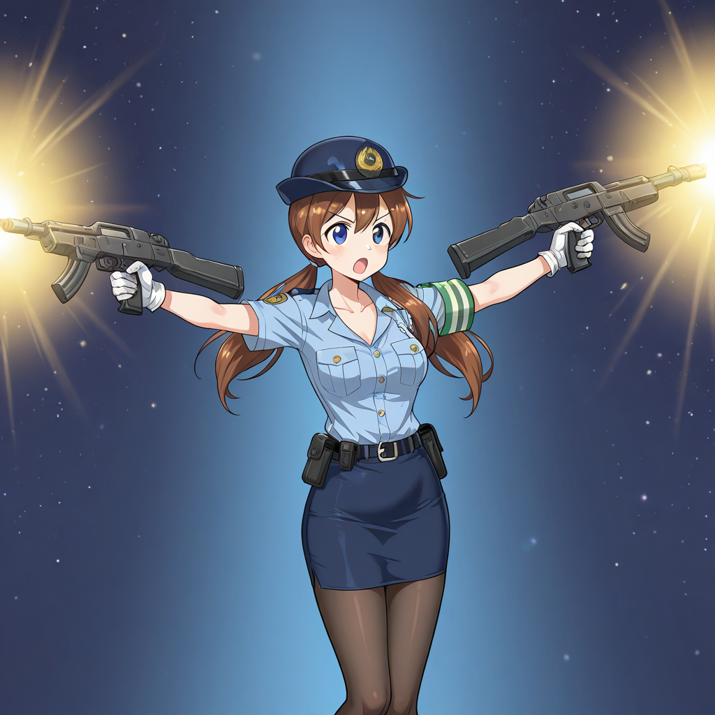 rollingbusterrifle, holding gun, beam rifle, spread arms, outstretched arms, dual wielding, 1girl, solo, aingbc, brown hair, long hair, low twintails, blue eyes, police uniform, police hat, shirt, short sleeves, collarbone, armband, pencil skirt, pantyhose, white gloves, outer space, serious, open mouth, legs together