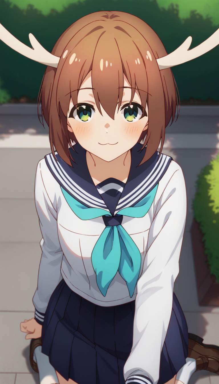 score_9,score_8_up,score_7_up,score_6_up BREAK official art,solo,outdoors,upper body,(portrait:1.5),looking at viewer,facing viewer,smile,blush,Shikanoko Noko,horns,antlers,short hair,brown hair,hair between eyes,parted bangs,green eyes,school uniform,blue sailor collar,blue neckerchief,white shirt,long sleeves,blue skirt,pleated skirt,white socks,loafers,brown footwear,<lora:Shikanoko Noko(snk)-Pony:1.5>,