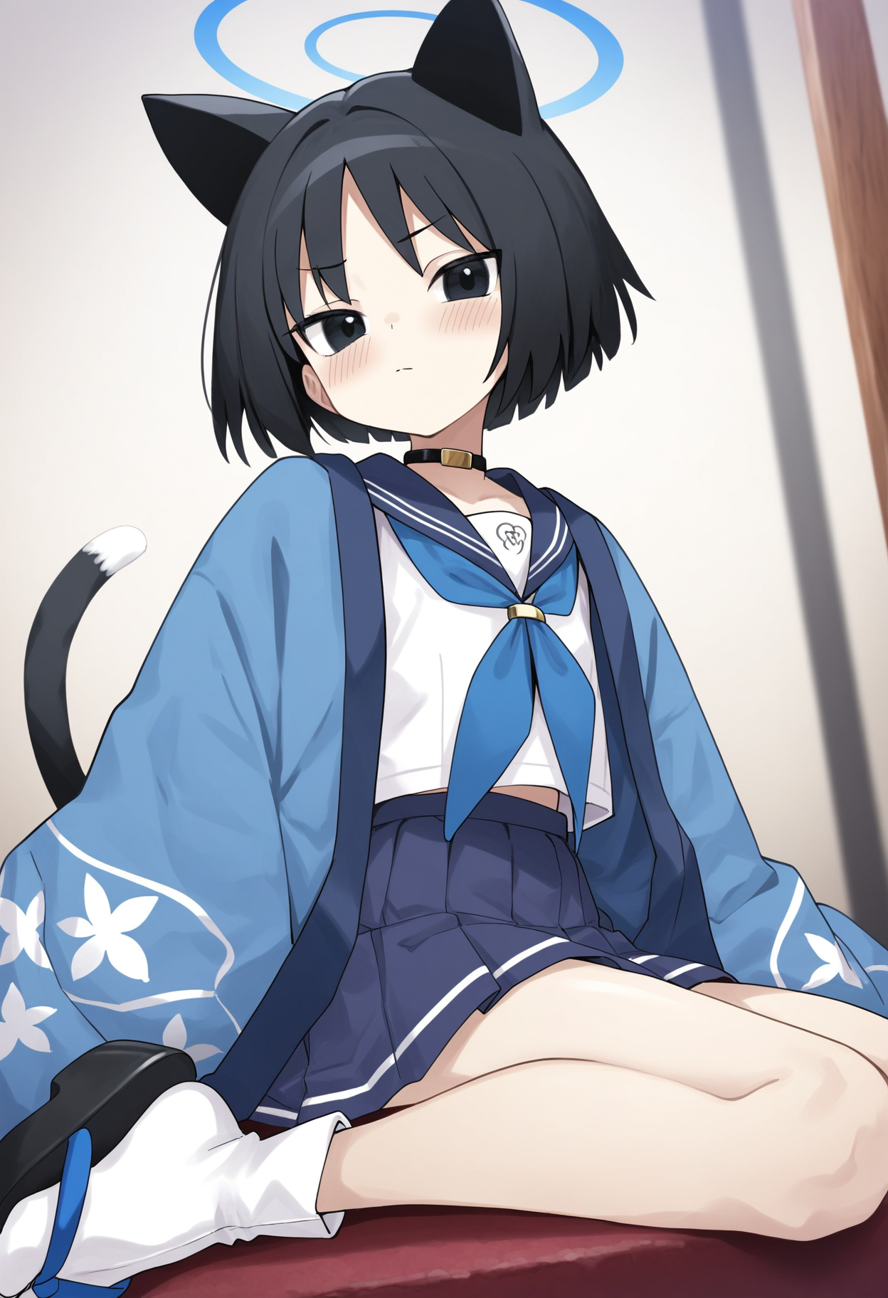 masterpiece,best quality,amazing quality,
1girl, solo, tail, animal ears, cat tail, cat ears, black hair, skirt, white socks, sailor collar, socks, school uniform, neckerchief, sitting, halo, blue skirt, looking at viewer, serafuku, short hair, closed mouth, long sleeves, bangs, blue neckerchief, japanese clothes, pleated skirt, shirt, white shirt, blue sailor collar, black eyes, tabi, blush, cat girl, zouri, sandals, choker, haori,
 <lora:Jank365m:1>