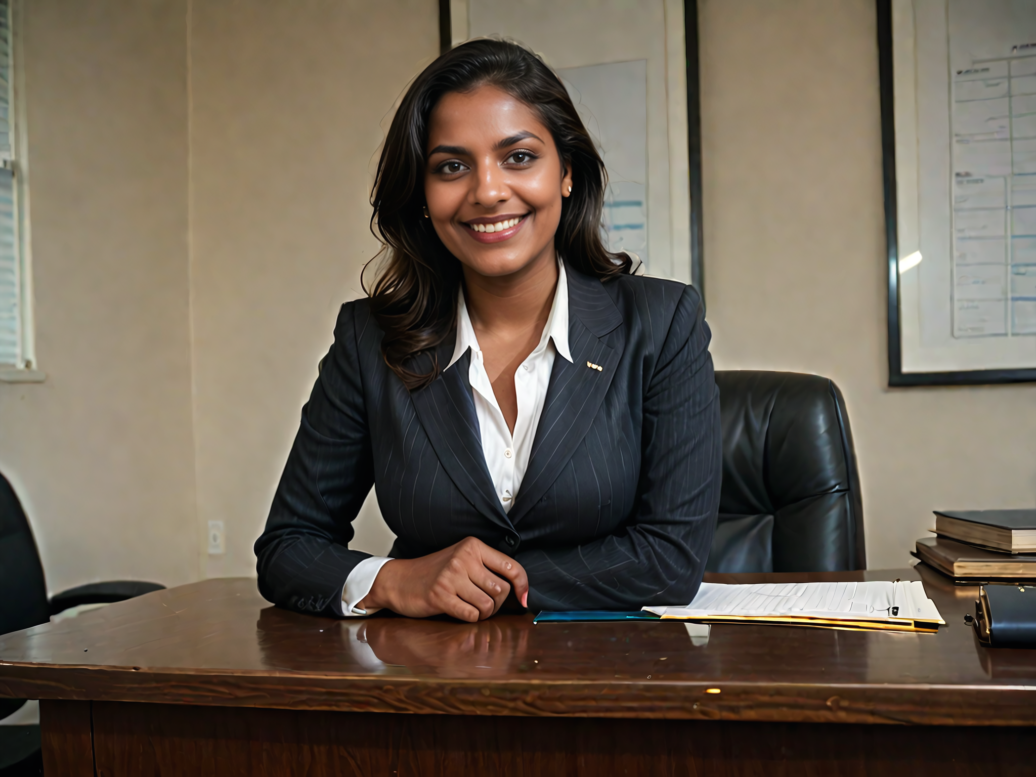 score_9,score8_up, photo of a PDXLTI_dgespresso woman with dark skin sitting behind a desk, business attire, smiling, modern office, logo in background bokeh