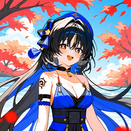 1girl,
yangyang \(wuthering waves\),
solo, rating safe, outdoors, choker, smile, tassel, bright pupils, sky, white pupils, cleavage, brown eyes, tattoo, upper body, breasts, open mouth, black choker, arm strap, ribbon, hat, blue sky, looking at viewer, black hair, bare shoulders, hair between eyes, blue hat, shoulder tattoo, blue ribbon, blush, long hair, tree, :d, flower,
masterpiece, best quality
<lora:mki-pony-yangyang-v2:1>