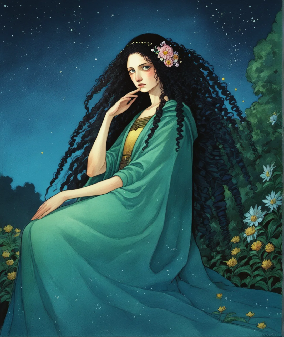 score_9, score_8_up, score_7_up, score_6_up,
BREAK
1girl, tree, long hair, solo, black hair, traditional media, flower, painting, (((medium))), hair flower, ((sky)), hair ornament, cape, curly hair, watercolor, very long hair, night, star, wings, sitting
<lora:RGv2:1>