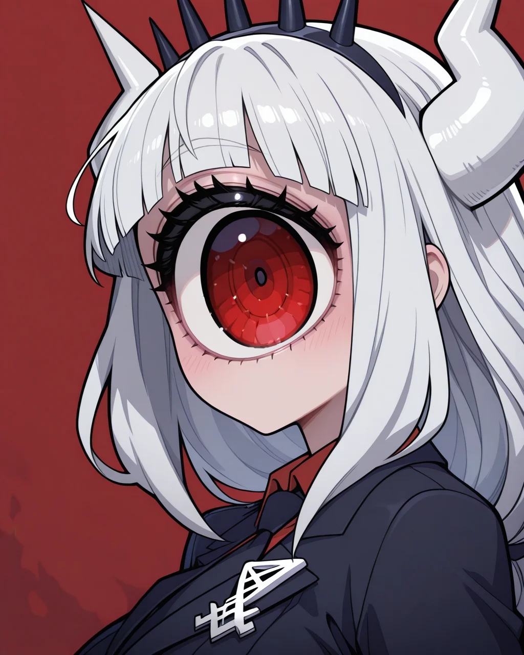 masterpiece,best quality,highres illustration,detailed face,1girl,upper body,from side,<lora:hugeeye_IL:1>,cyclops,no mouth,lucifer \(helltaker\),