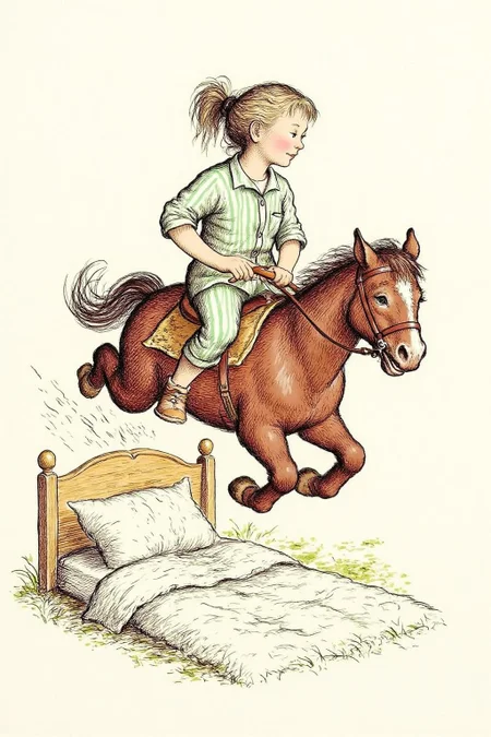 gawi1 illustration.
qub1 
Side profile view of a young girl and a horse in mid-air, jumping over a bed. The girl, with blonde hair tied in a ponytail, is wearing a green and white striped pajama set. She is sitting confidently on the horse.  <lora:gawi1_cap_d6a3e12:1.0><lora:827365092682350120:0>