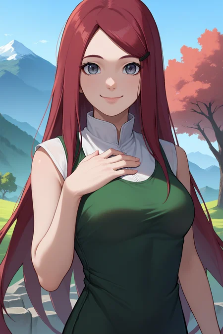 score_9, score_8_up, score_7_up, score_6_up, source_anime, 1girl, solo, <lora:kushina-pdxl-nvwls-v1-000004:1> kshna, red hair, long hair, grey eyes, hairclip, white shirt, green dress, sleeveless, long dress, blue sky, mountains, trees, looking at you, happy, breasts, hand on own chest, smile, closed mouth