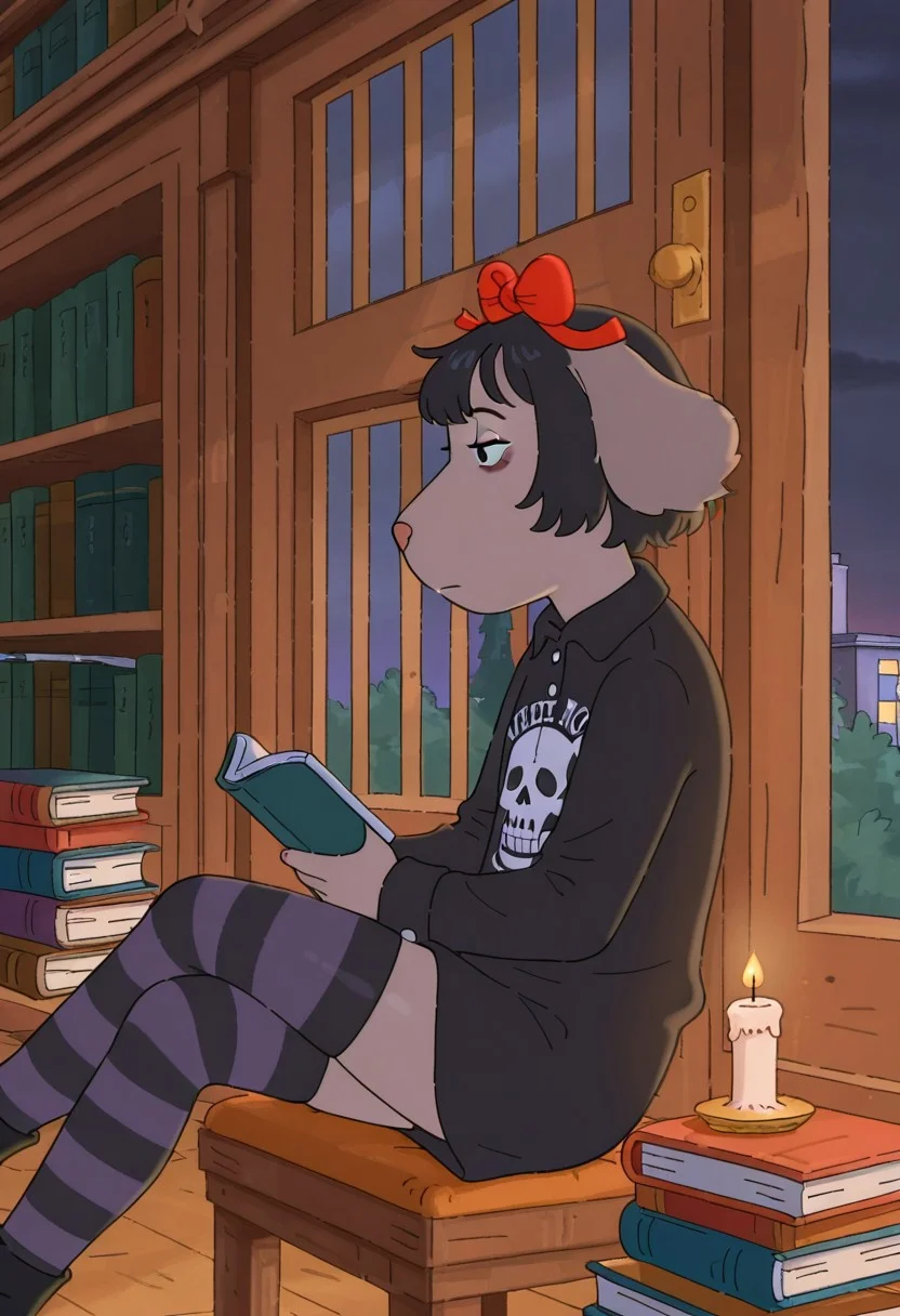 Fern Walters,, 1girl, solo, anthropomorphic dog, animal ears, tannish grey fur. red bow on her head,, emo, black hair, emo hair, dark eyeliner, makeup, sitting, crossed legs, library, reading book, striped thigh highs, goth, goth girl, emo girl, side view, bored, looking at viewer, dark lighting, lit by candle,
