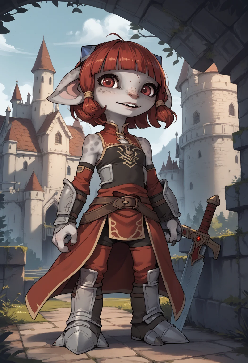 score_9, score_8_up, score_7_up, Asura, female, Guild Wars, grey skin, spots, freckles, red eyes, red hair, short hair, blunt bangs, perky ears, 4 fingers, claws, small body, short, flat-chested,
armor, pants, boots, tunic, 3 toes,
detailed background, castle, fantasy,
<lora:Round_Breasts_XL_XV7:0.8> <lora:AsuraPony_v9d:0.8>