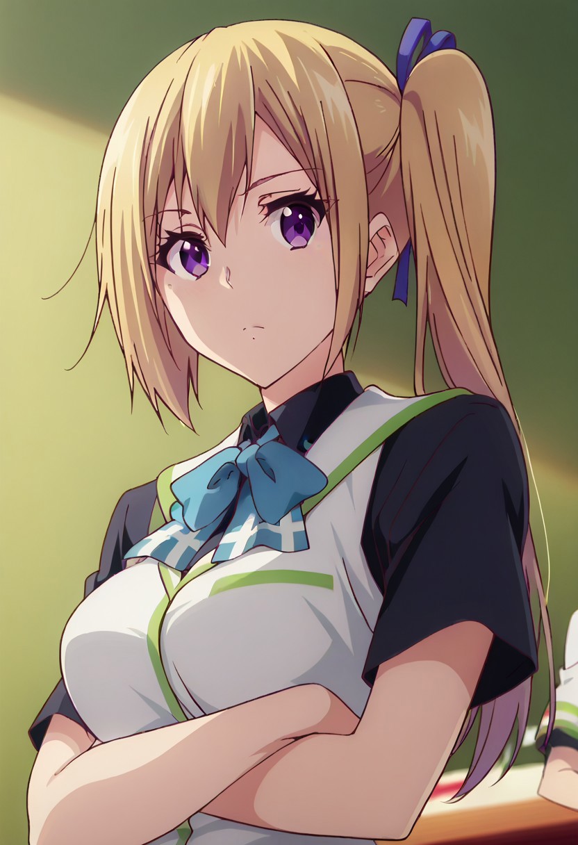 score_9, score_8_up, score_7_up, source_anime BREAK, 1girl, kmai, side ponytail, purple eyes, long hair, blonde hair, mole, crossed arms, breasts, mole under eye, ribbon, school uniform, hair ribbon, large breasts, solo, girl focus, short sleeves, upper body, classrom,looking at viewer, cowboy shot, dutch angle