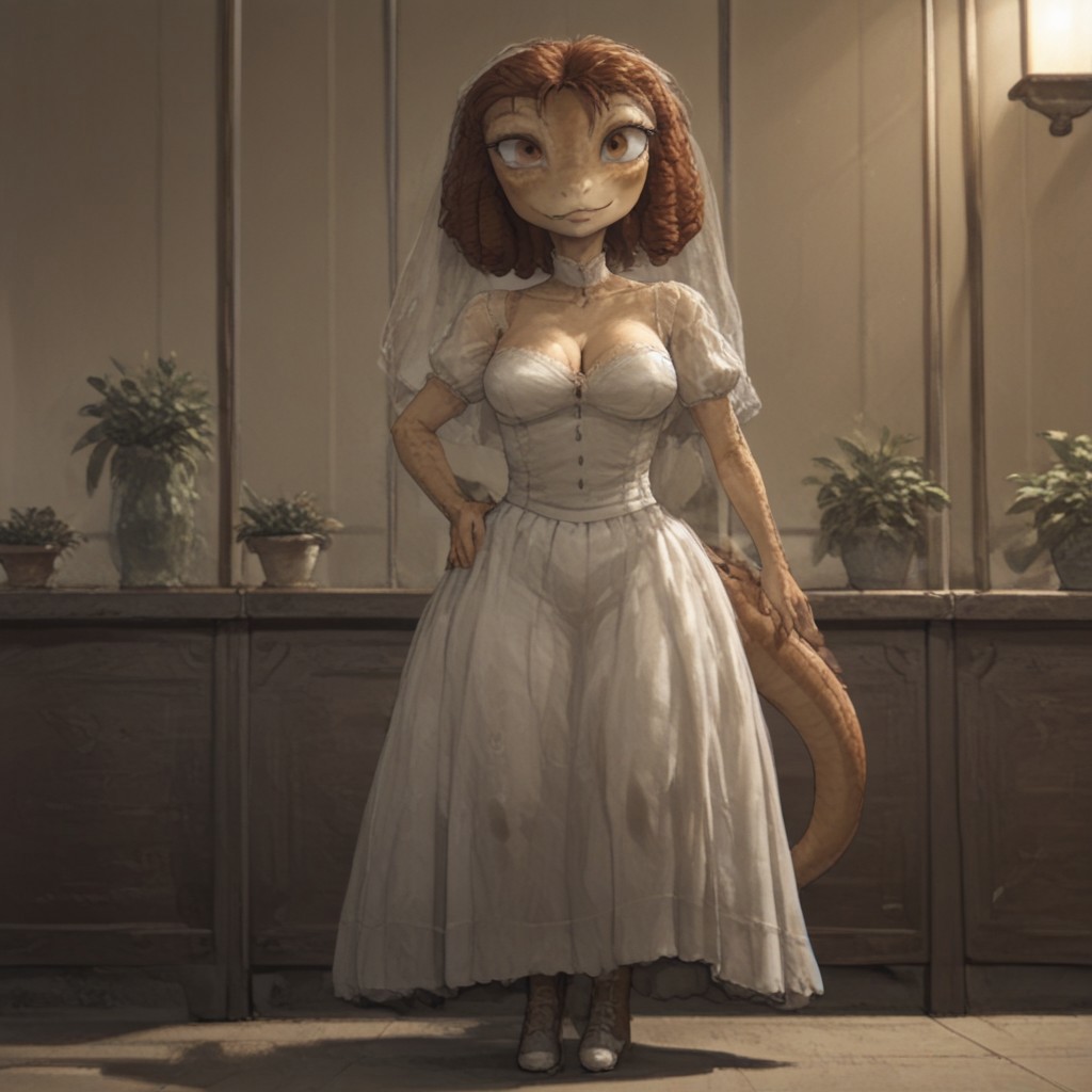 <lora:cutesexyronutts_style_xl:0.7> csr style,  hi  res,  BREAK,        BeansPXL (((1girl))), (((full body))), brown hair, brown eyes, short hair, drill hair, cheek freckles, white shoes, white choker , lips, lizard female, scales, scalie skin, solo,  side view, (large breast:1.4),  veil,  wedding gown,  smiling,   hand on hip, green ballroom, spotlight on, ornate surroundings, potted plants, stained glass windows, (cinematic light:1.3),   (romantic setting:1.3) ,  holding flowers, <lora:Pony_QualityV4.0:1.12>, zPDXL2,  zPDXLxxx, zPDXLrl