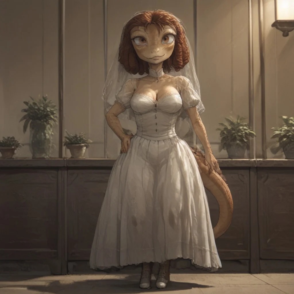 <lora:cutesexyronutts_style_xl:0.7> csr style, hi res, BREAK, BeansPXL (((1girl))), (((full body))), brown hair, brown eyes, short hair, drill hair, cheek freckles, white shoes, white choker , lips, lizard female, scales, scalie skin, solo, side view, (large breast:1.4), veil, wedding gown, smiling, hand on hip, green ballroom, spotlight on, ornate surroundings, potted plants, stained glass windows, (cinematic light:1.3), (romantic setting:1.3) , holding flowers, <lora:Pony_QualityV4.0:1.12>, zPDXL2, zPDXLxxx, zPDXLrl