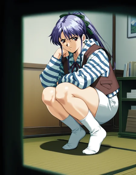 score_9, score_8_up, score_7_up, <lora:shuusaku-v2-ponyxl-000016:0.9> takabe, purple hair, hair ribbon, open vest, brown vest, striped hoodie, white hoodie, blue hoodie, white skirt, socks,
1girl, solo, squatting, annoyed, looking at viewer, office, tatami