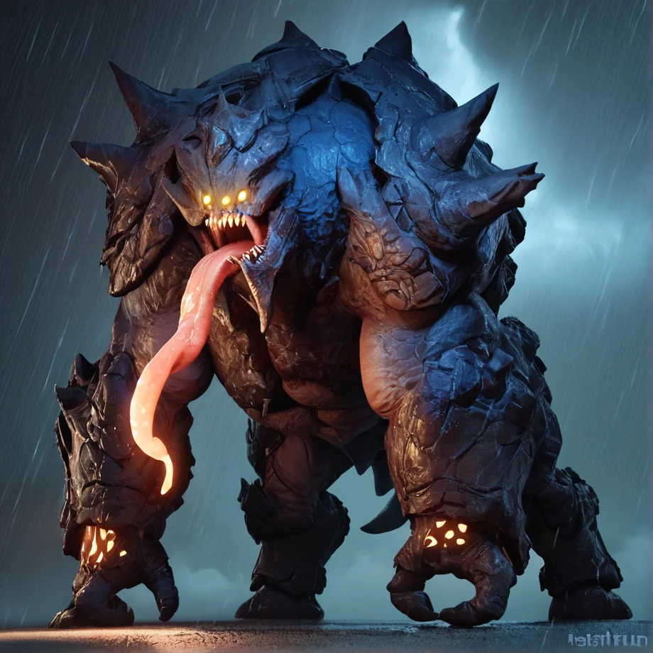 score_9, score_8_up, score_7_up, score_6_up, Behemoth, masterpiece, best quality,dynamic pose, 3d, Giant, rounded head , long tongue shooting from mouth, glowing mouth, several overlapping scale-like plates of armor, full body , mandibles on the lower jaw, mouth closed, all fours, hind legs, sharp teeth, thick hide covered in spikes and barbs, glowing body, glowing eyes, (rain, at night, outdoor facility background), colorful , monster,<lora:Evolve_Behemoth:0.8> <lora:Pony_DetailV1.0:1>