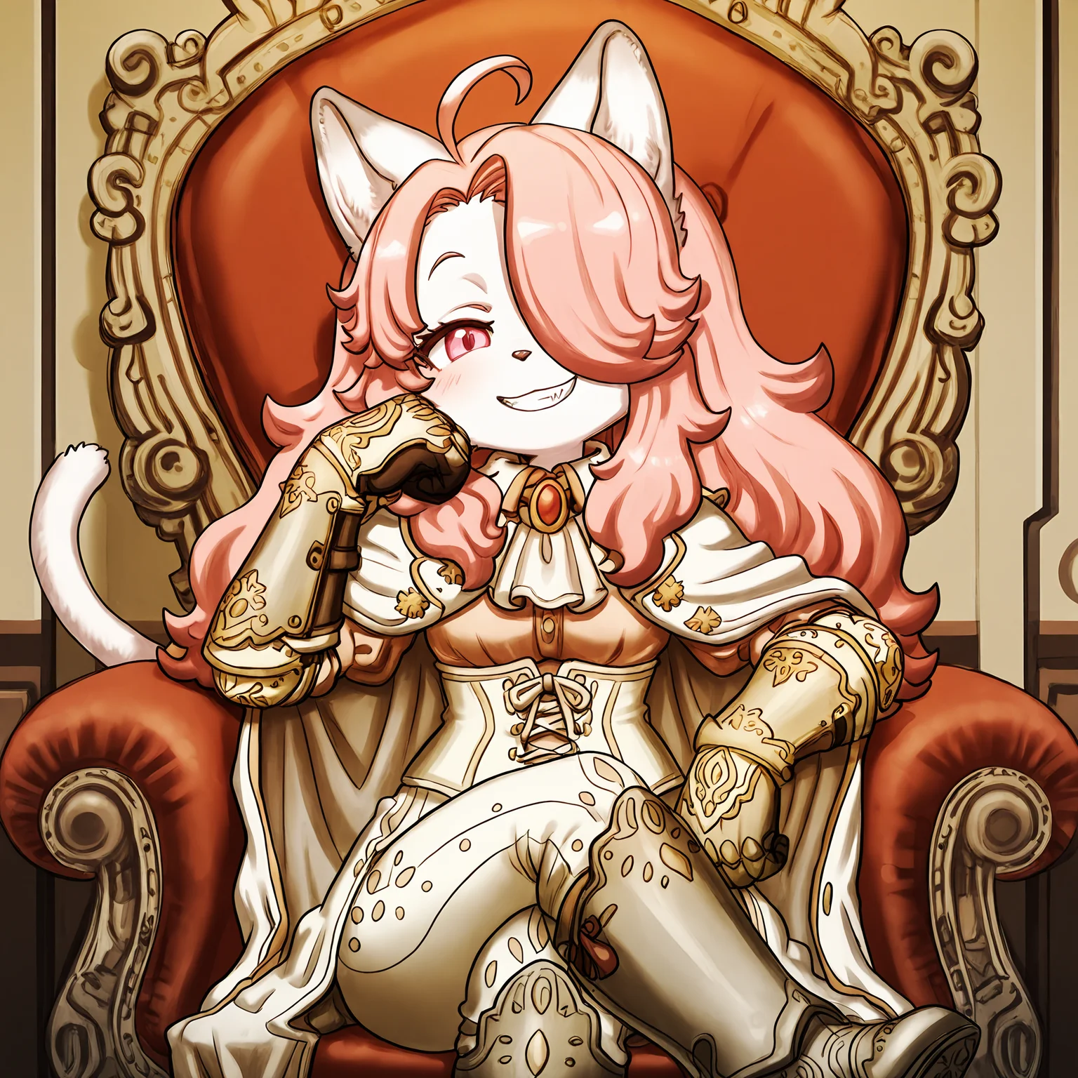 BREAK, <lora:Hanna_Fondant:1>, hanna fondant, fuga: melodies of steel, kemono, furry female, young female, 1girl, cat girl, white fur, pink eyes, pink hair, long hair, ahoge, hair over one eye, animal ears, cat ears, cat tail,
BREAK, Fuga 3 Outfit, metal boots, white pants, white top, white corset, gauntlets, white cape,
BREAK, solo, inside, sitting on chair, legs crossed, head on hand, smug, grin, looking at viewer, head tilt,
