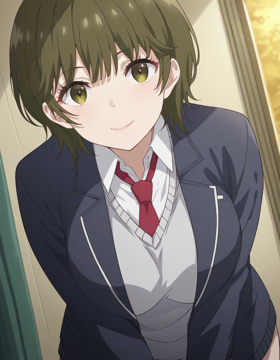 score_9, score_8_up, score_7_up, source_anime, <lora:isana-higashira-s1-ponyxl-lora-nochekaiser:1>, isana higashira, short hair, bangs, green eyes, green hair, large breasts,, shirt, long sleeves, school uniform, jacket, white shirt, open clothes, necktie, sweater, open jacket, blazer, red necktie, grey sweater,, indoors, bent over, smile, looking at viewer, solo,, cowboy shot, dutch angle