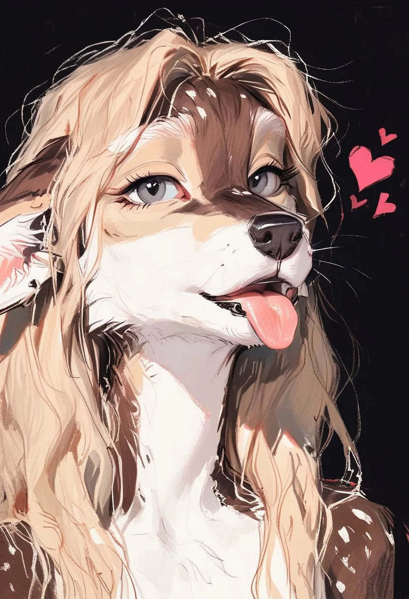 score_9, score_8_up, score_7_up, score_6_up, score_5_up, score_4_up, source_furry, Expressiveh, easynegative, highly detailed, detailed fur, detailed eyes, detailed face, detailed mouth, realistic, crayon drawing, crayon sketch, honovy, kenket, blotch, lawyerdog, edjit, detailed sketch, oil painting style, flat color,
mature female sighthound coyote deer girl, anthro, furry, cute, kawaii, beautiful face, grey eyes, white eyebrows, long hair, long fur, brown fur, messy fur, small breasts, saggy breasts, big areola, sexy adult, seductive, flirty, loving, open mouth, tongue out, playful,
posing, dappled light, dark background, hearts, close up, face focus,